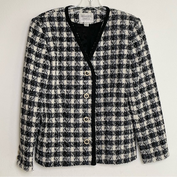 Vintage Quiet Luxury Tweed Checkered Wool Blend Blazer Jacket - Picture 1 of 13